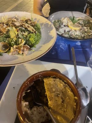 Mossaka, roasted veg salad and ravioli  at Let's Vegan in Crete