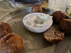 Vegan “meatballs” and tzatziki   at Let's Vegan in Crete