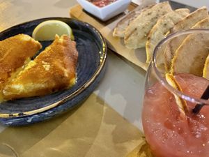 Vegan fried cheese pita bread and fruit punch cocktail  at Let's Vegan in Crete