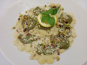 FRESH MADE RAVIOLI WITH FRESH CHEESE AND HERB PESTO at Let's Vegan in Crete