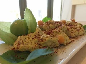 Basil hummus with tomatillos at Let's Vegan in Crete