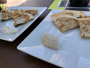 Spinach pie and mushroom pie with delicious sauces! at Let's Vegan in Crete