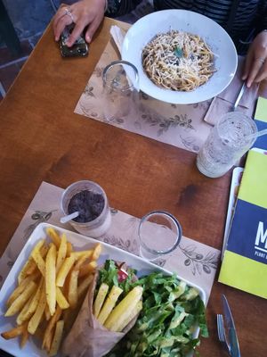 Carbonara and mushroom gyros in with pita. With oreo shakes at Let's Vegan in Crete