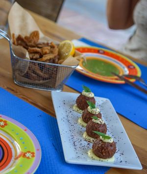 Kalamari Tempura & beyond meat balls with truffle aioli at Let's Vegan in Crete