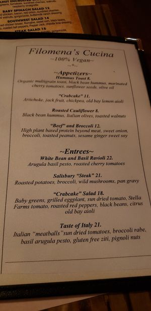 Veg menu at Filomena in Clementon