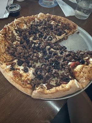 “Meat” and olive pizza  at Mountaineer Tap House in Morgantown