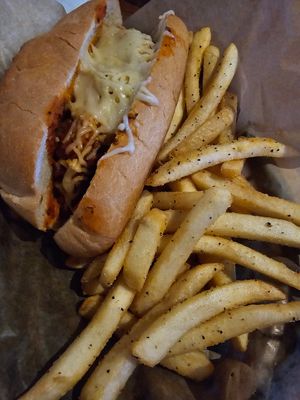 The impossible brand meat ball hoagie with fries at Mountaineer Tap House in Morgantown