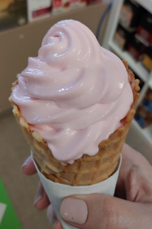 Strawberry waffle cone at Mile and a Quarter Ice Cream in Kingston