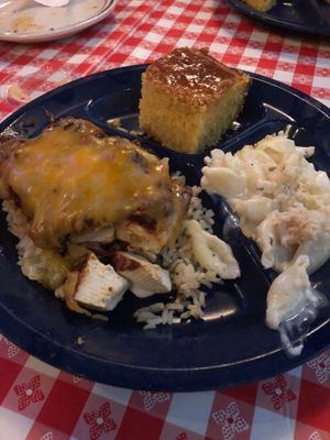 Smoked BBQ Tofu served with cornbread and a side of your choice (here Mac & Cheese but vegan options available). at Sticky Lips BBQ in Rochester