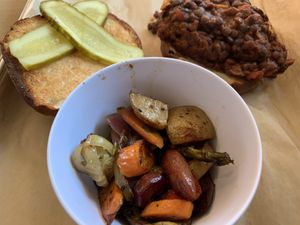 Sloppy Jane sandwich w/ side of veggies! at Civilian Brewing Corps in Spencer