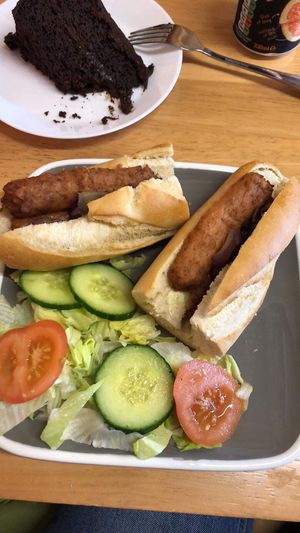Linda McCartney sausages in roll at Hopefield Animal Sanctuary - Max's Cafe in Brentwood