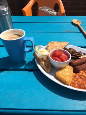 Vegan breakfast and oat milk latte  at Old Town Beach Cafe  in Hunstanton