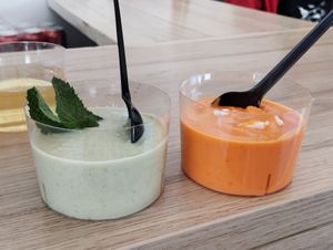 Melon soup and salmorejo at Las Niñas Veganas in Cadiz