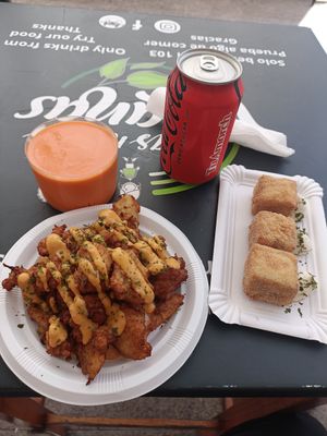 Gazpacho, cauliflower tempura & vegan cheese croquetas! All amazing!! at Las Niñas Veganas in Cadiz