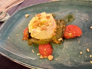 Almond ricotta with chili peppers, cherry tomatoes, and toasted almonds.  at Munz Munz in Monopoli