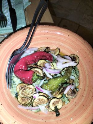 Fava bean, chicory, friggitelli, onions, fried courgettes (this was the best) at Munz Munz in Monopoli