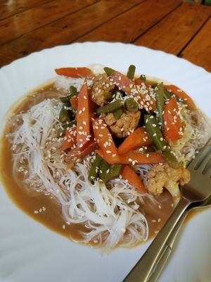 Rice noodles with sesame ginger sauce at Hungry Yogi Health Cafe in Rishikesh