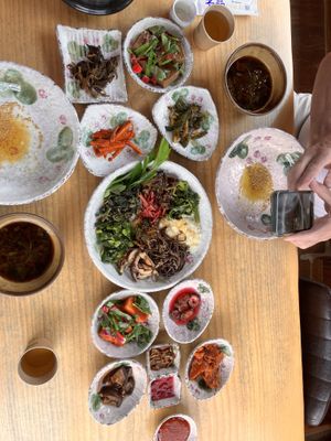 A table full with vegetarian surprises!   at Jeombongsan Sanchae in Sokcho