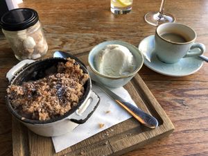 “Peach and Bradley apple crumble with vegan vanilla ice cream” at Bull & Gate in North West London