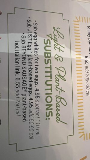 Menu mentioning vegan substitutes  at The Broken Yolk Cafe in San Diego