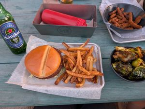 (vegan) falafel burger and fries with side of brussel sprouts.  Note: The deep fried beans in the top right are not labeled as vegan on the menu (thus I don't believe they are vegan) at Brewery Emperial in Kansas City