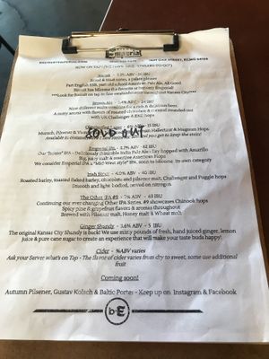 Menu at Brewery Emperial in Kansas City