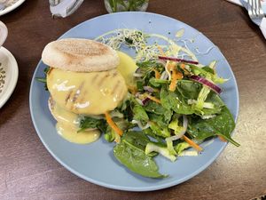 Vegan eggs florentine on a English muffin at Hank's Deli & Shop in Ipswich
