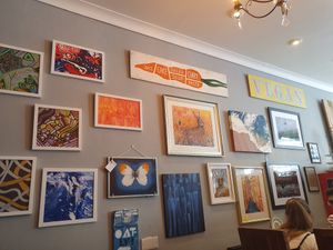 Decorations by the seating area at Hank's Deli & Shop in Ipswich