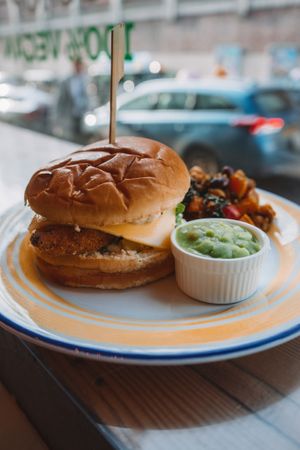 "Fysh" Sandwich with Mushy Peas and the daily salad. at Hank's Deli & Shop in Ipswich