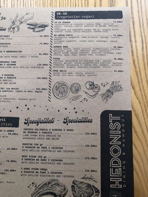 Menu at Hedonist in Zadar