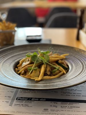 HOMEMADE pasta with tofu, mushrooms, and veggies. Very tasty. I added olive oil to create a little bit of sauce.  at Hedonist in Zadar