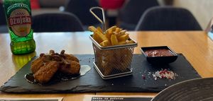 Vegan nuggets with mushrooms and sweet chilli sauce + chips. These were our favourites!  at Hedonist in Zadar