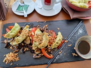 Gyoza on sautéed vegetables at Hedonist in Zadar