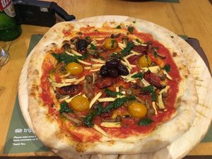 Vegan pizza with tofu strips, mushroom, rocket pesto, tomatoes, and sun-dried tomatoes  at Hedonist in Zadar
