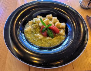 Gnocchi with asparagus cream and a few cherry tomatoes at Hedonist in Zadar