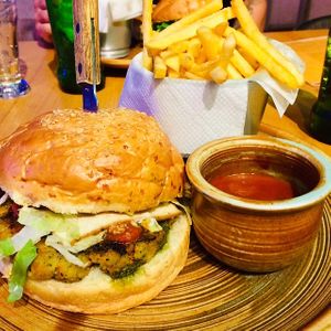 Vegan Burger with smoked tofu and fries  at Hedonist in Zadar