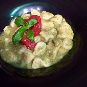 Gnocchi with asparagus sauce and tomatoes...I felt like there‘re eggs in them, but the waiter assured me that it is a vegan dish. The taste was ok and the portion was not very bi at Hedonist in Zadar