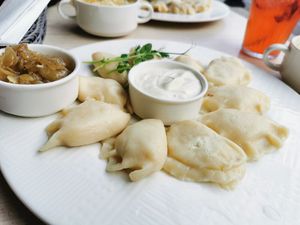Pierogi with tofu and potatoes. Some onions and vegan mayonnaise were part of the dish. at Pierogarnia Mandu Centrum in Gdansk