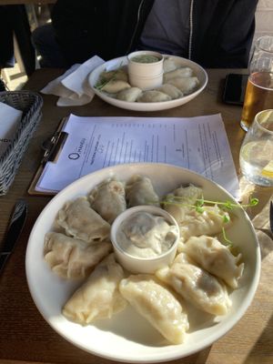 Soy protein, pickles, red onion pierogies and vegan mayo  at Pierogarnia Mandu Centrum in Gdansk