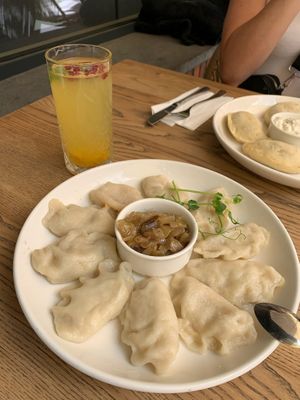 Potatoes and natural tofu pierogi with sautéed onions at Pierogarnia Mandu Centrum in Gdansk