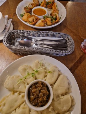 We tried the potato and tofu pierogi and the fried pierogi with tofu, hazelnuts, coriander and agave with a mango dipping sauce. at Pierogarnia Mandu Centrum in Gdansk