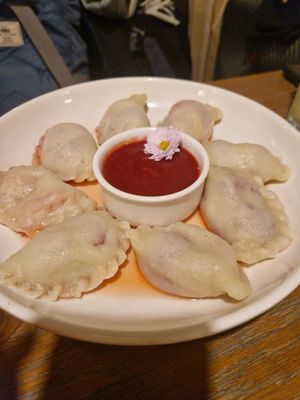 Strawberry pierogi, with strawberry sauce instead of sour cream at Pierogarnia Mandu Centrum in Gdansk