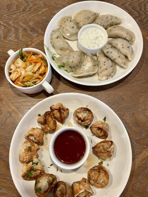 Boiled dumplings with chickpeas (vegan without the dip) / Kimchi / Deep fried dumplings with tofu (38 PLN)  at Pierogarnia Mandu Centrum in Gdansk