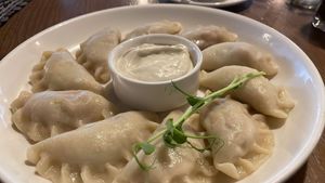 Soy protein based vegan pierogi dumplings at Pierogarnia Mandu Centrum in Gdansk