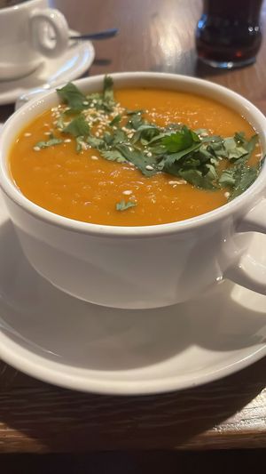 Carrot cream vegan soup at Pierogarnia Mandu Centrum in Gdansk