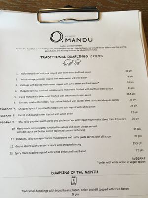 Menu at Pierogarnia Mandu Centrum in Gdansk
