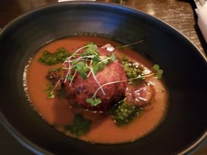 Vegan mushroom cromesqui at Bohème in Tadoussac