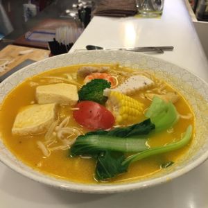 Pumpkin coconut milk noodle soup  at Loving Hut - Heping Branch in Taipei