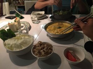 Vegan Coco Pumpkin hotpot with large noodles + hummus wrap + curry bibimbap at Loving Hut - Heping Branch in Taipei