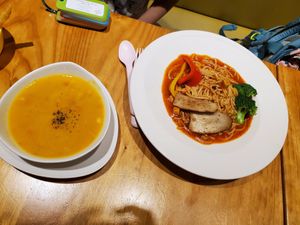 Pumpkin soup, pasta at Loving Hut - Heping Branch in Taipei